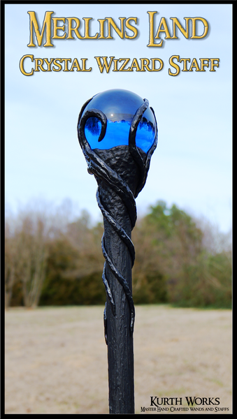 1. Merlin's Land Crystal Wizard Magic Spiraled Staff Black